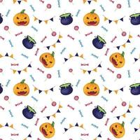 Seamless pattern with carved pumpkin, sweets and cauldron with boiling poison. vector