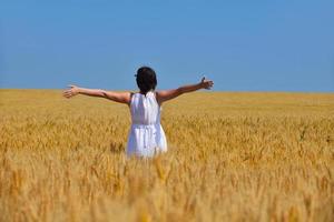 young woman in wheat field at summer photo