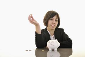 business woman putting coins money in piggy bank photo