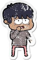 distressed sticker of a cartoon exhausted boy vector