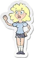 retro distressed sticker of a cartoon worried woman waving vector