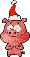 happy textured cartoon of a pig wearing santa hat vector