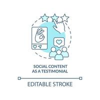 Social content as testimonial turquoise concept icon. Embedded media use abstract idea thin line illustration. Isolated outline drawing. Editable stroke. vector