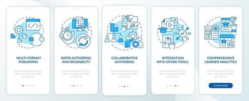 Learning content management system blue onboarding mobile app screen. Walkthrough 5 steps editable graphic instructions with linear concepts. UI, UX, GUI template. vector