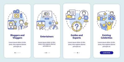 Types of creators onboarding mobile app screen. Content makers walkthrough 4 steps editable graphic instructions with linear concepts. UI, UX, GUI template. vector