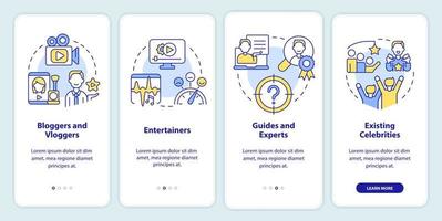 tipos de creadores que incorporan la pantalla de la aplicación móvil. tutorial de creadores de contenido 4 pasos instrucciones gráficas editables con conceptos lineales. interfaz de usuario, ux, plantilla de interfaz gráfica de usuario. vector
