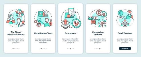 Tendencias de la economía del creador incorporando la pantalla de la aplicación móvil. tutorial 5 pasos instrucciones gráficas editables con conceptos lineales. interfaz de usuario, ux, plantilla de interfaz gráfica de usuario. vector