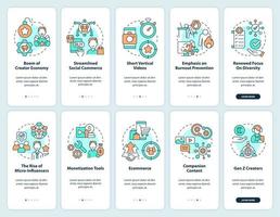 Creator economy onboarding mobile app screen set. Social media trends walkthrough 5 steps editable graphic instructions with linear concepts. UI, UX, GUI template. vector