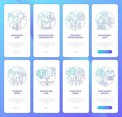 Energy efficiency blue gradient onboarding mobile app screen set. Home tips walkthrough 4 steps graphic instructions with linear concepts. UI, UX, GUI template.
