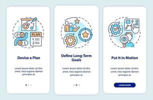 Planning onboarding mobile app screen. Business strategy walkthrough 3 steps editable graphic instructions with linear concepts. UI, UX, GUI template. vector