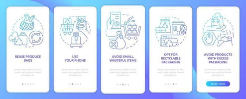 Sustainable shopping practice blue gradient onboarding mobile app screen. Walkthrough 5 steps graphic instructions with linear concepts. UI, UX, GUI template. vector