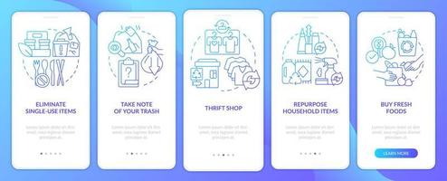 transición a la pantalla de la aplicación móvil de incorporación de degradado azul de rutina de bajo desperdicio. Instrucciones gráficas de 5 pasos con conceptos lineales. interfaz de usuario, ux, plantilla de interfaz gráfica de usuario. vector