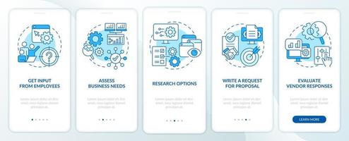 Selecting best CMS blue onboarding mobile app screen. Write request walkthrough 5 steps editable graphic instructions with linear concepts. UI, UX, GUI template. vector