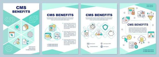 CMS benefits mint brochure template. Website development. Leaflet design with linear icons. Editable 4 vector layouts for presentation, annual reports.