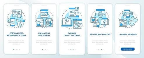 Ways to use dynamic content blue onboarding mobile app screen. Walkthrough 5 steps editable graphic instructions with linear concepts. UI, UX, GUI template. vector