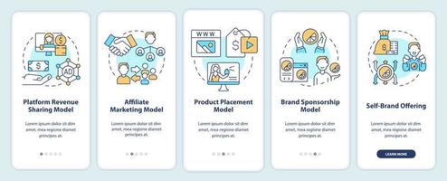 Creator business models onboarding mobile app screen. Marketing walkthrough 5 steps editable graphic instructions with linear concepts. UI, UX, GUI template. vector