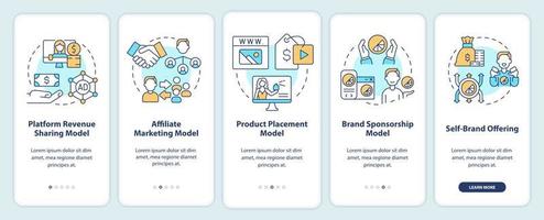 modelos comerciales de creadores que incorporan la pantalla de la aplicación móvil. tutorial de marketing 5 pasos instrucciones gráficas editables con conceptos lineales. interfaz de usuario, ux, plantilla de interfaz gráfica de usuario. vector