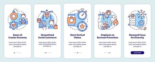 Social media trends onboarding mobile app screen. Digital marketing walkthrough 5 steps editable graphic instructions with linear concepts. UI, UX, GUI template. vector