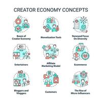 Creator economy concept icons set. Content maker. Digital marketing. E commerce idea thin line color illustrations. Isolated symbols. Editable stroke. vector