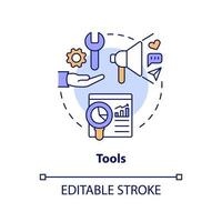 icono del concepto de herramientas. instrumentos de mercadeo. creador economía parte interesada idea abstracta ilustración de línea delgada. dibujo de contorno aislado. trazo editable. vector