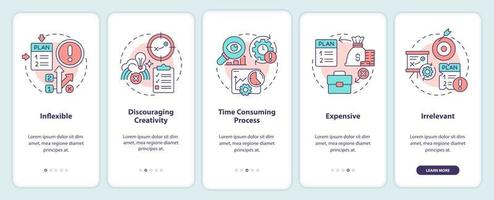 Desventajas de planificar la incorporación de la pantalla de la aplicación móvil. Tutorial de restricciones Instrucciones gráficas editables de 5 pasos con conceptos lineales. interfaz de usuario, ux, plantilla de interfaz gráfica de usuario. vector