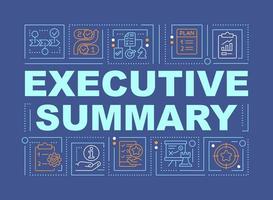 Executive summary word concepts dark blue banner. Short business plan. Infographics with editable icons on color background. Isolated typography. Vector illustration with text.