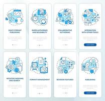 lcms y cms cuentan con un conjunto de pantalla de aplicación móvil integrada azul. tutorial 4 pasos instrucciones gráficas editables con conceptos lineales. interfaz de usuario, ux, plantilla de interfaz gráfica de usuario. vector