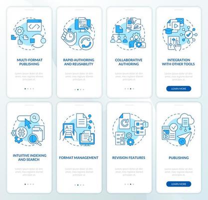 LCMS and CMS features blue onboarding mobile app screen set. Walkthrough 4 steps editable graphic instructions with linear concepts. UI, UX, GUI template.