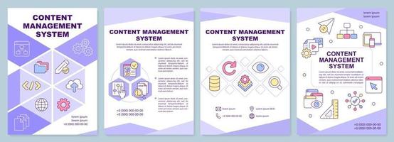 Content management system purple brochure template. Leaflet design with linear icons. Editable 4 vector layouts for presentation, annual reports.