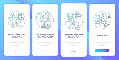 Energy efficiency and conservation blue gradient onboarding mobile app screen. Walkthrough 4 steps graphic instructions with linear concepts. UI, UX, GUI template. vector