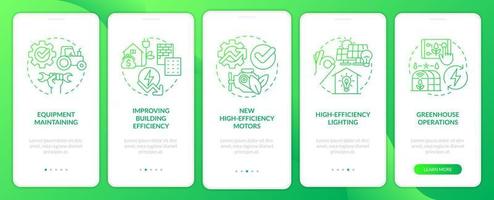 Farm energy efficiency green gradient onboarding mobile app screen. Walkthrough 5 steps graphic instructions with linear concepts. UI, UX, GUI template. vector