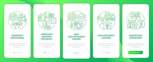 pantalla de aplicación móvil de incorporación de gradiente verde de eficiencia energética agrícola. Instrucciones gráficas de 5 pasos con conceptos lineales. interfaz de usuario, ux, plantilla de interfaz gráfica de usuario. vector