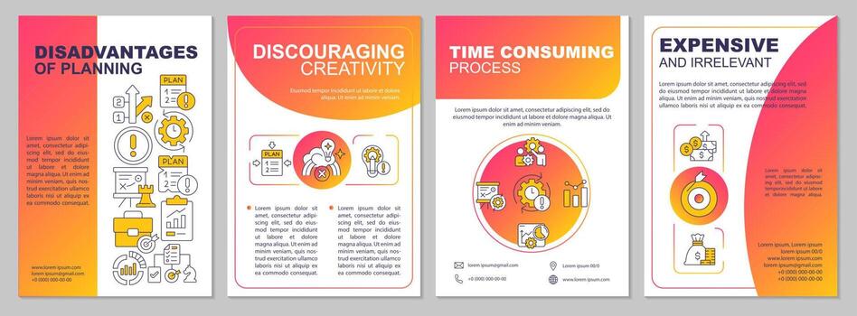 Disadvantages of business planning red gradient brochure template. Leaflet design with linear icons. 4 vector layouts for presentation, annual reports.