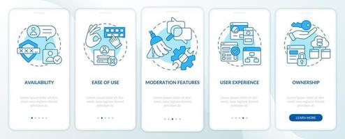 Commenting platform features blue onboarding mobile app screen. Walkthrough 5 steps editable graphic instructions with linear concepts. UI, UX, GUI template. vector