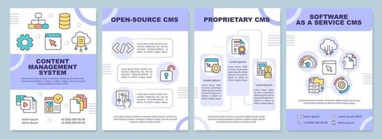 Content management system types purple brochure template. Leaflet design with linear icons. Editable 4 vector layouts for presentation, annual reports.