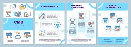 CMS for website development blue brochure template. Components. Leaflet design with linear icons. Editable 4 vector layouts for presentation, annual reports.