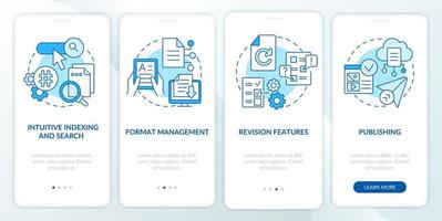 Content management system attributes blue onboarding mobile app screen. Walkthrough 4 steps editable graphic instruction with linear concepts. UI, UX, GUI template. vector