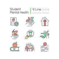 Student mental health RGB color icons set. Comfortable learning environment. Isolated vector illustrations. Simple filled line drawings collection. Editable stroke.