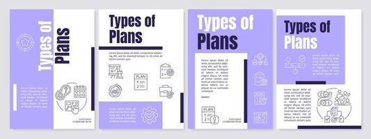 Types of planning purple brochure template. Business strategy. Leaflet design with linear icons. Editable 4 vector layouts for presentation, annual reports.