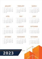 plantilla de diseño de calendario de pared de edificio de bienes raíces comerciales para el año 2023. página única editable 12 meses en blanco. semana comienza el domingo. cartel personalizado de año completo listo para imprimir vector