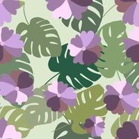 Tropical seamless pattern with exotic palm leaves and tropical flower. Hawaiian style.  Vector illustration.