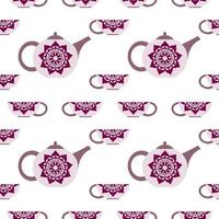 Seamless background with a teapot and cups, flowers vector
