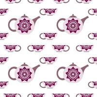 Seamless background with a teapot and cups, flowers vector