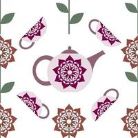 Seamless background with a teapot and cups, flowers vector