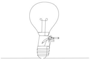 Drawing of arab businessman riding light bulb balloon using spyglass or telescope searching for vision. Search for new business opportunity. Single continuous line art vector