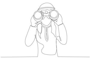 Drawing of young arab businessman using binoculars. Single line art style vector