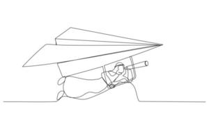 Cartoon of arab businessman flying paper airplane origami as glider with telescope to see future. Future forecast or discover new idea. Single continuous line art style vector