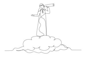 Illustration of arab businessman riding cloud holding telescope or binocular to search for business visionary. Opportunity, vision company target concept. One continuous line art style vector