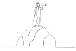 caricatura de un hombre de negocios árabe parado en la cima de la montaña, buscando el éxito. finanzas empresariales, liderazgo, puesta en marcha de empresas. estilo de arte de línea continua única vector
