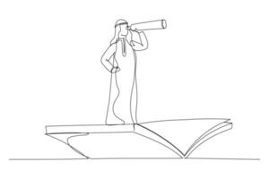 Drawing of arab businessman using telescope on flying book. Knowledge, references, opportunity, vision in business. Single line art style vector